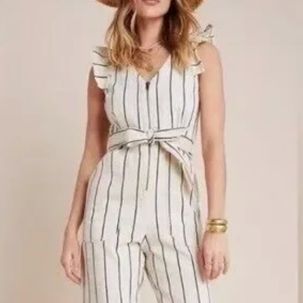 Anthropologie Striped Jumpsuit with Ruffle Sleeve
